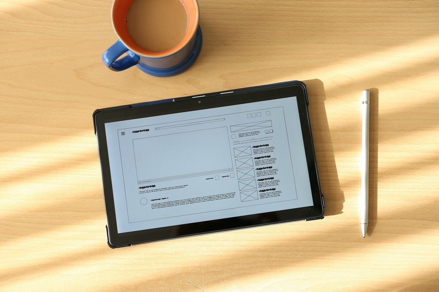 Tablet showing website wireframe on a wooden desk with coffee mug.